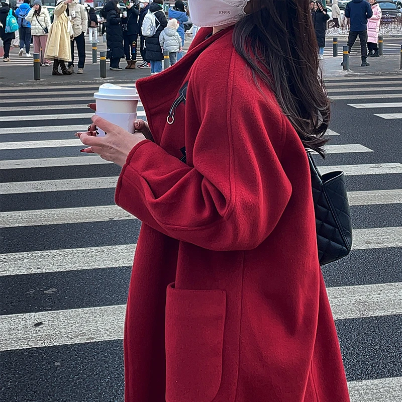 2025新款红色毛呢外套女呢子大衣女长款本命年大衣女加厚结婚大码