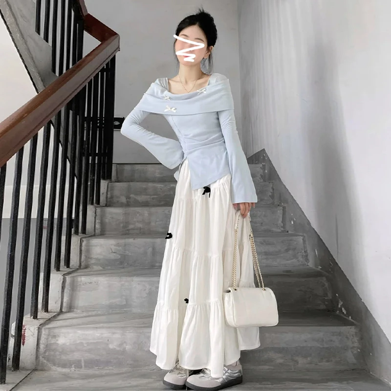 4582高级感一字肩长袖连衣裙子女早春2025新款小个子韩系穿搭套装