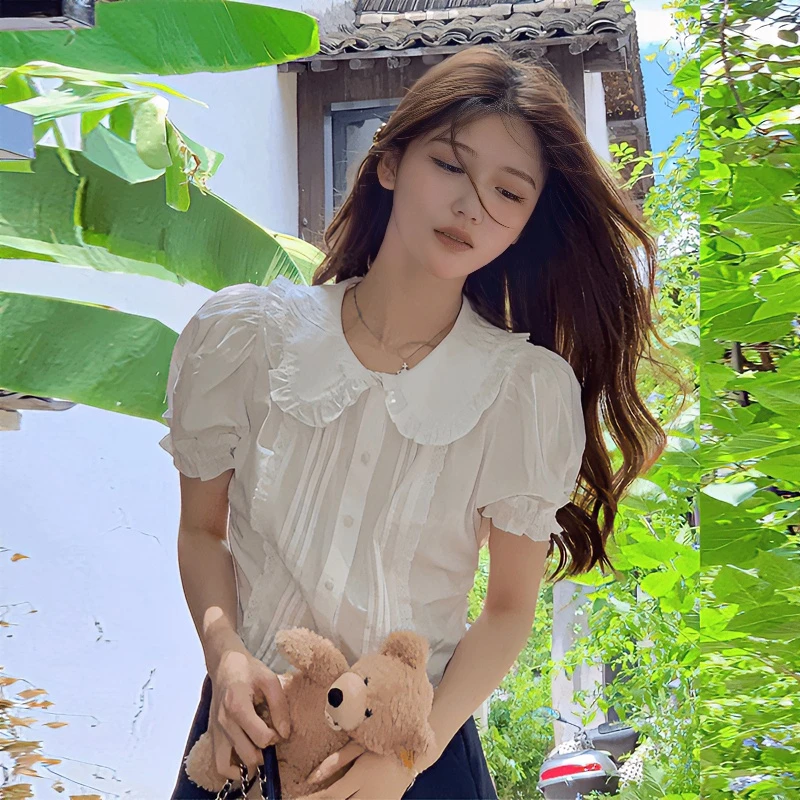 A288白色泡泡袖短袖衬衫女秋季2024新款娃娃领法式衬衣修身上衣