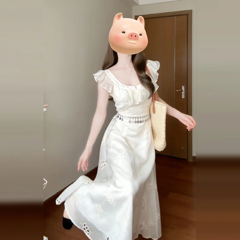 3367白色小飞袖吊带连衣裙子女春季2025新款法式高级感长裙