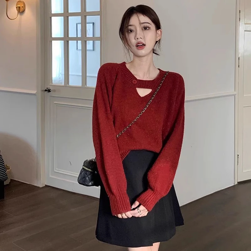 H857镂空v领毛衣女早春季2025新款外穿日系宽松慵懒风针织衫上衣