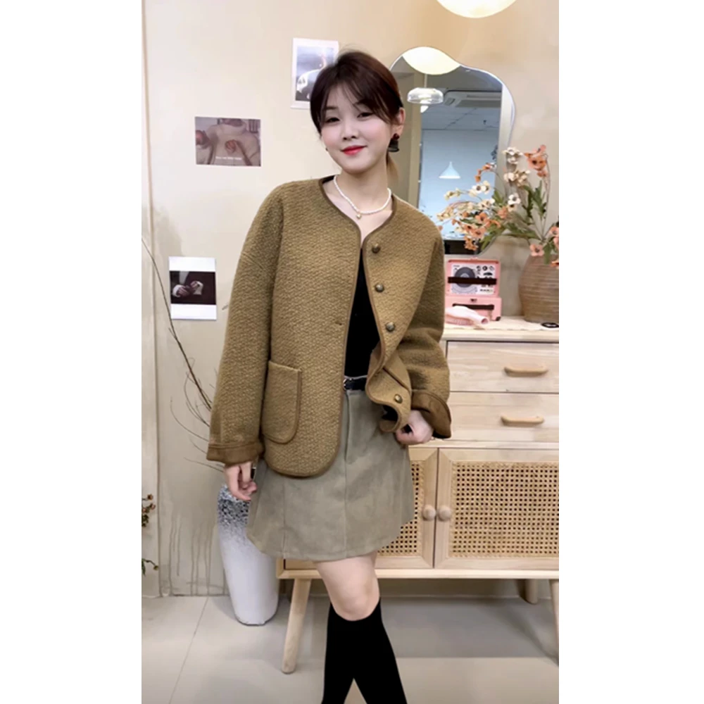 2024早春新款粗花呢外套韩版显瘦宽松百搭时尚羊羔毛开衫上衣女装