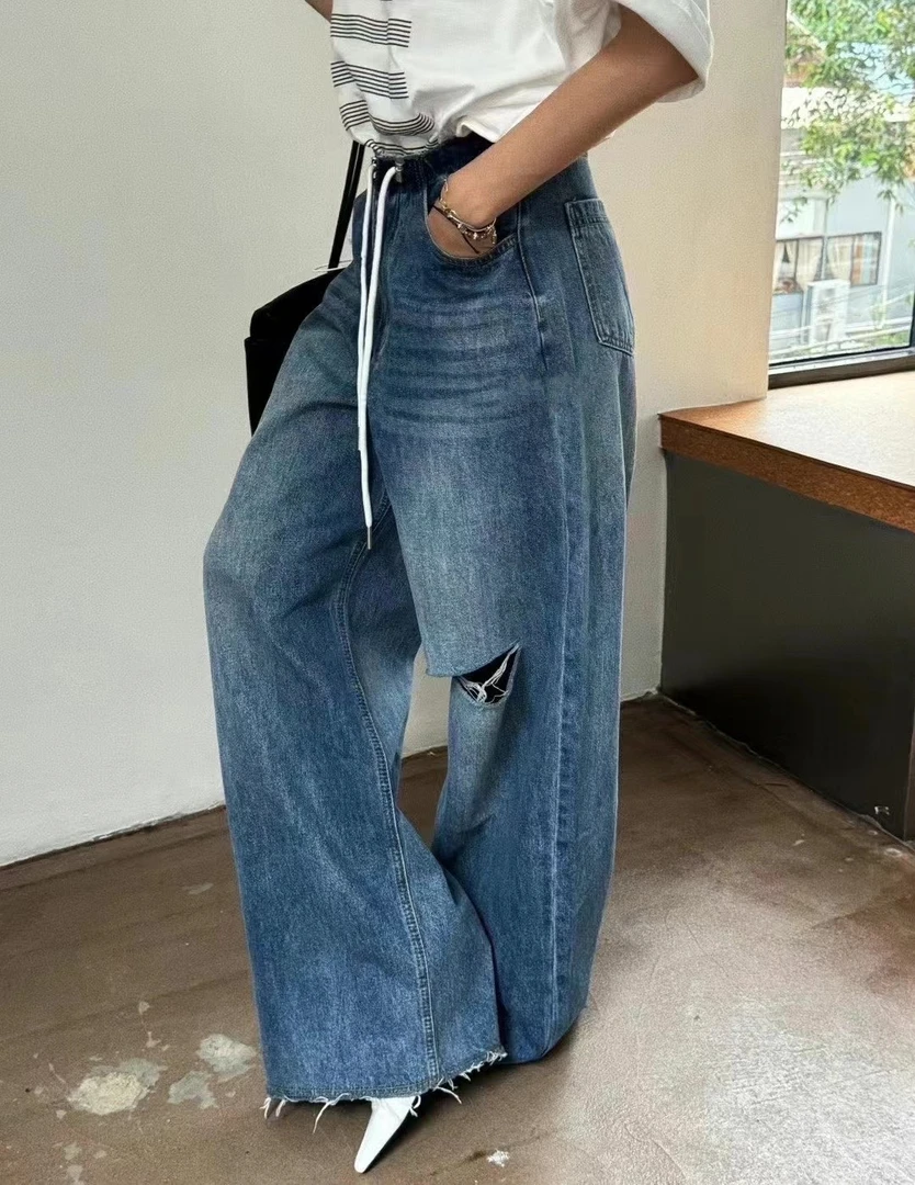 【NO 退 NO 换】高腰水洗百搭破洞抽绳阔腿牛仔裤