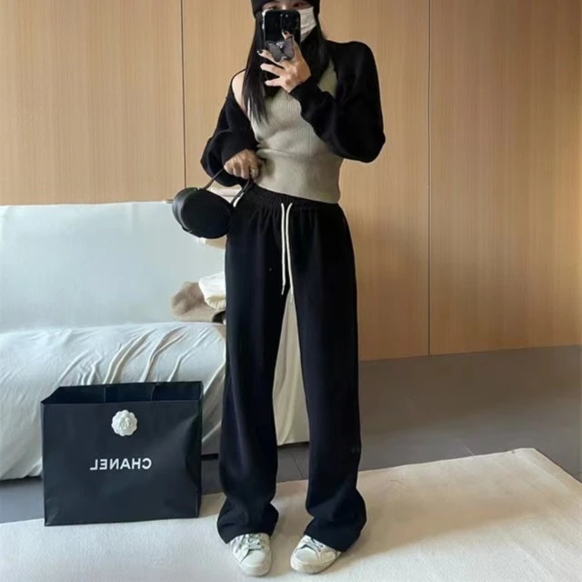 韩版秋冬针织软糯垂坠直筒裤百搭显瘦欧棉绒拖地裤抽绳长裤宽松