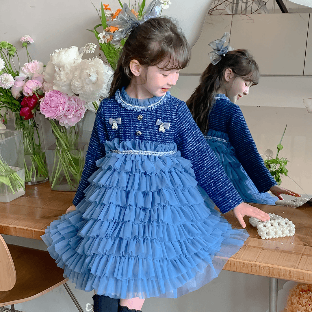 尤画2024秋季新款连衣裙秋装女宝洋气长袖中大童蓝色裙子66701