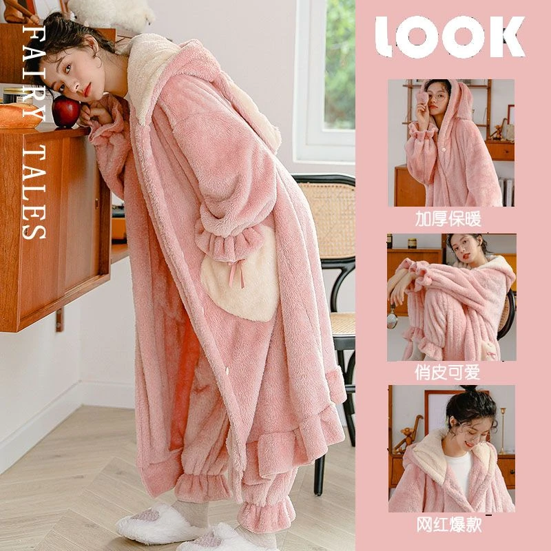 粉兔睡袍女士秋冬季珊瑚绒加厚加绒可爱网红风冬天连帽睡衣家居服