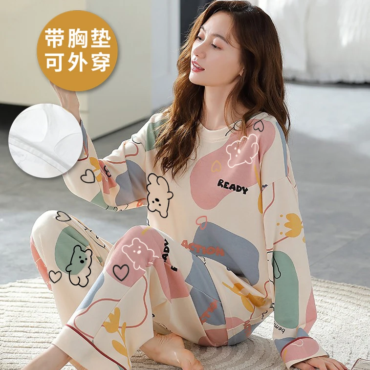 带胸垫一体睡衣女春秋季2025年新款长袖大码可外穿秋冬家居服套装