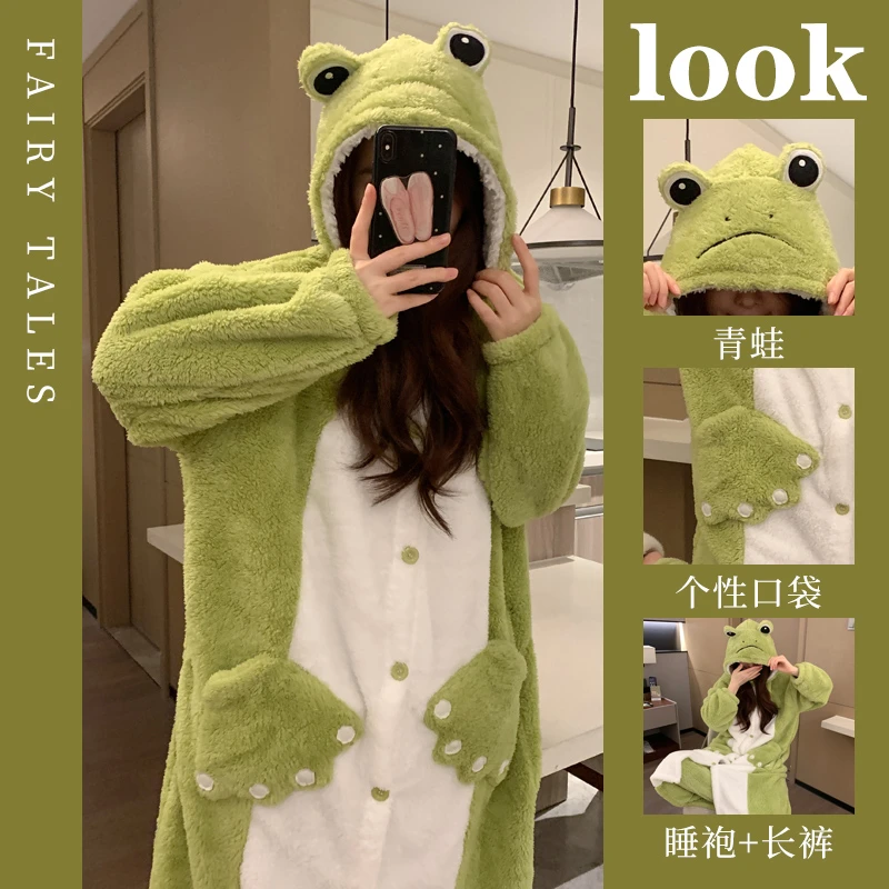 青蛙睡衣女士秋冬季珊瑚绒加厚加绒冬天睡袍长款法兰绒卡通家居服