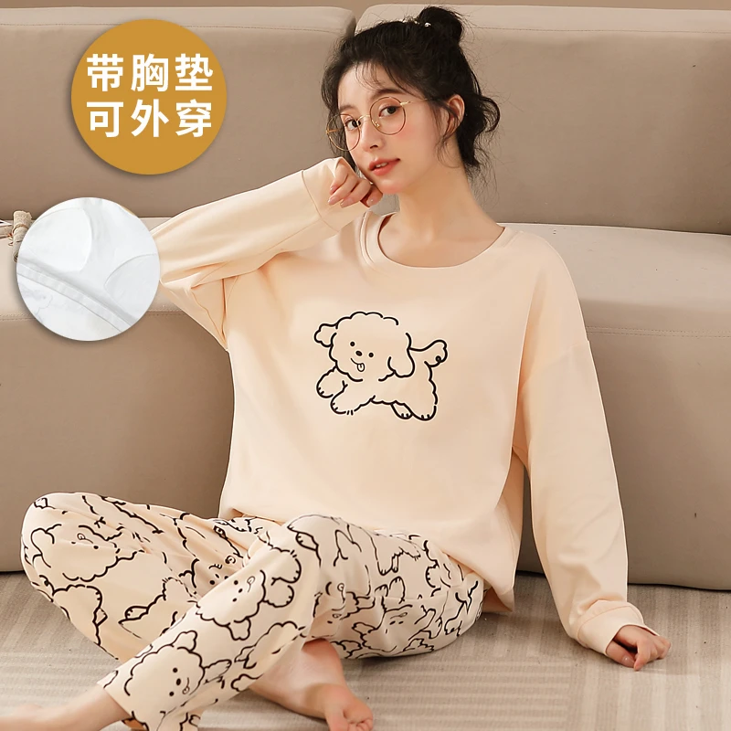2025新款睡衣女春秋季带胸垫长袖长裤可外出穿学生秋冬家居服套装