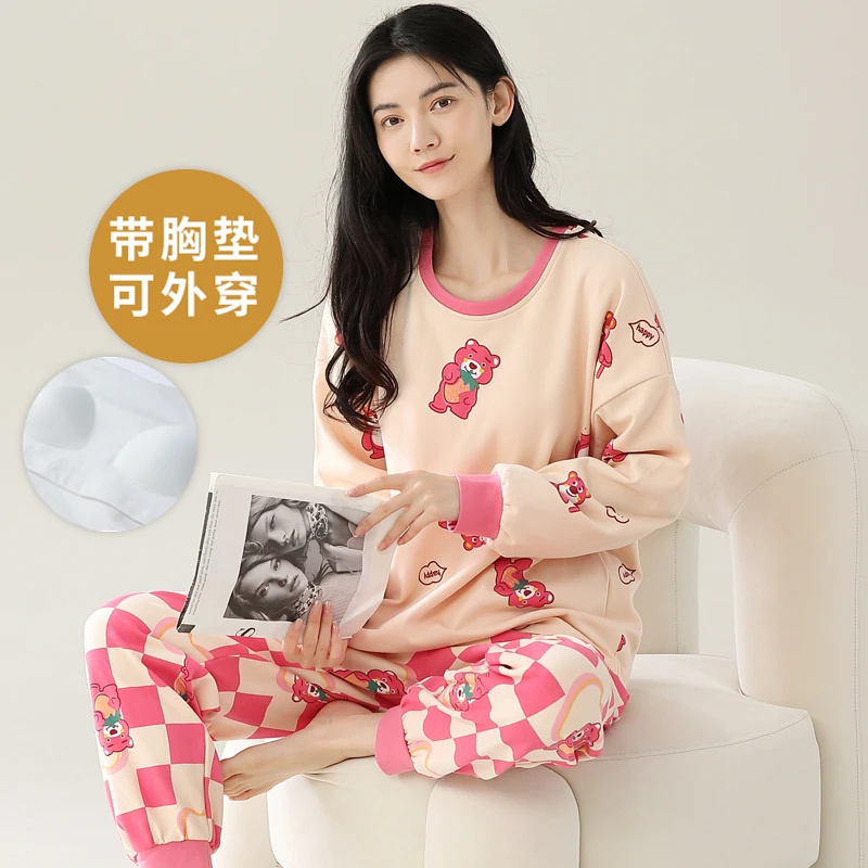 睡衣女春秋季自带胸垫一体套装200斤长袖长裤裤胖MM夏冬款家居服