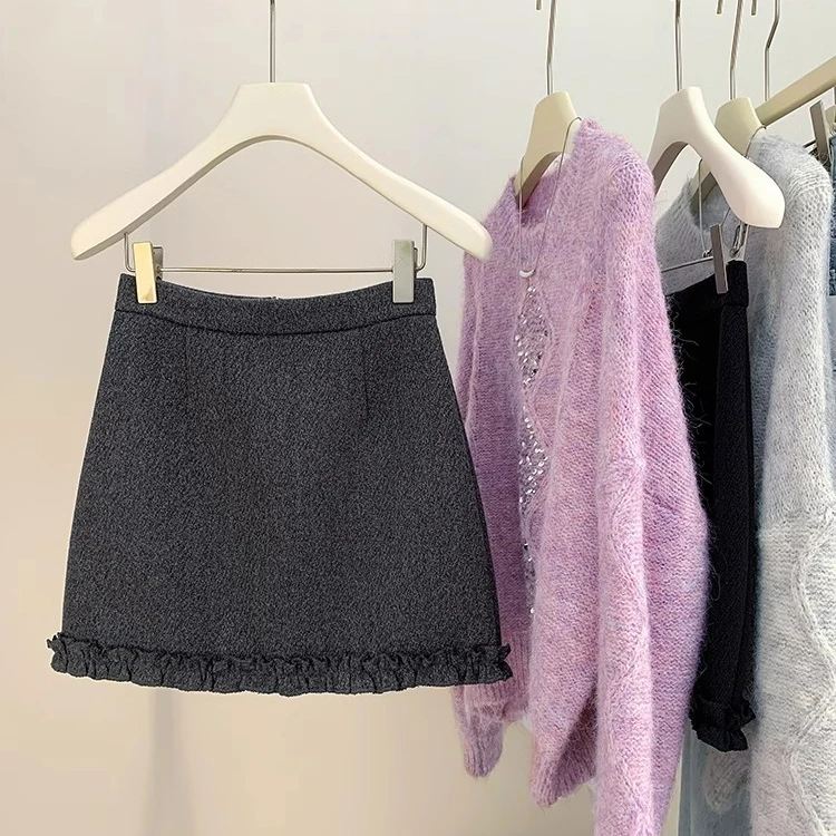 木耳边拼接毛呢短裙女2025秋冬新款高腰a字时尚气质半身裙子6588