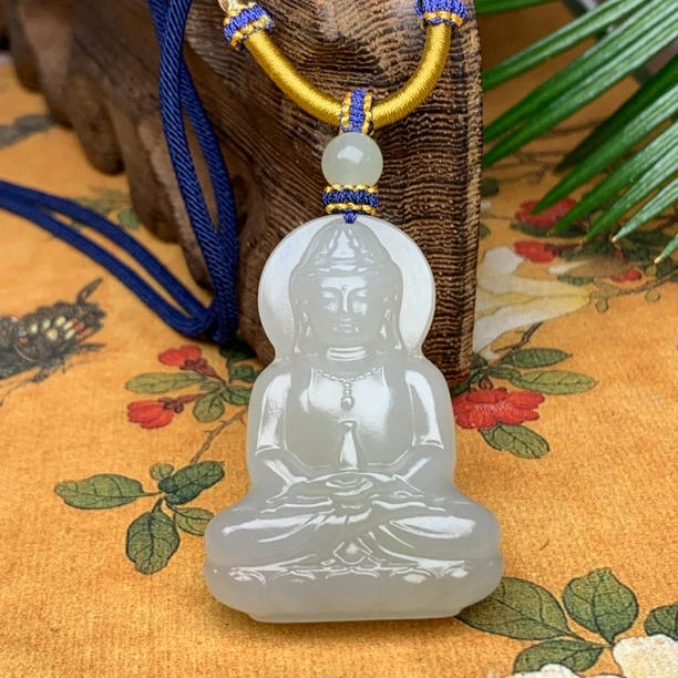 〈伊梵珠宝〉净瓶观音吊坠天然和田玉老矿料烟紫正装立体观音吊坠