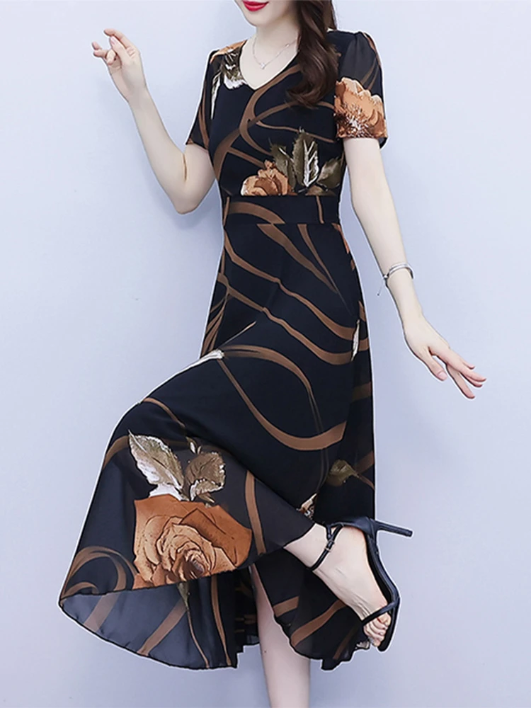 夏季黑色修身裙子洋气中年妈妈时尚韩版收腰显瘦气质中长款连衣裙