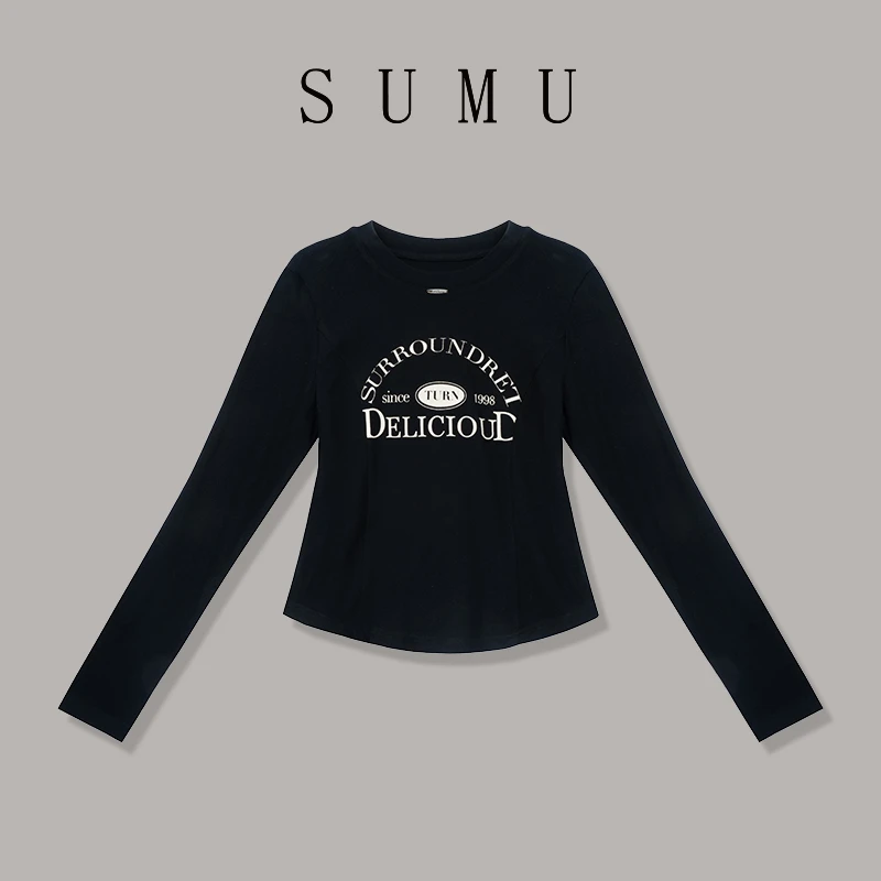 宿慕SUMU 女款字母T恤 8-15 秋款2024新款时尚百搭休闲上衣9021