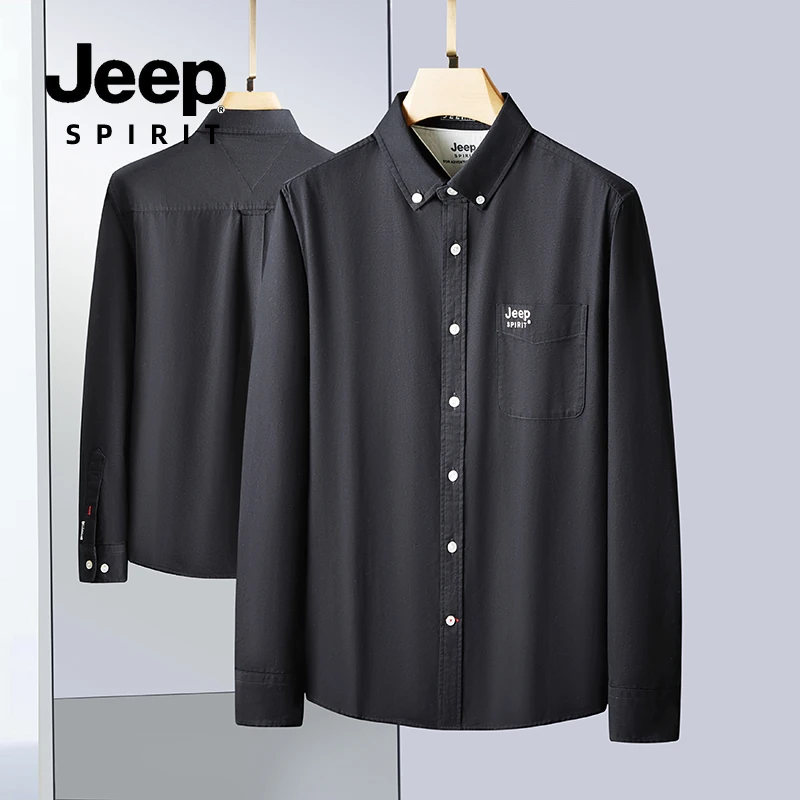 JEEP SPIRIT长袖衬衫男士春秋季商务休闲纯棉衬衣抗皱翻领上衣潮
