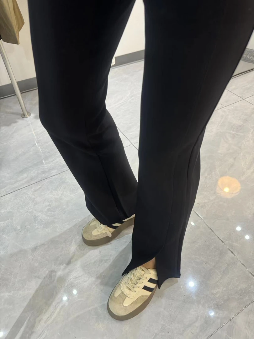 饭饭家 超模神裤开衩微喇叭裤修身显高瘦休闲长裤女