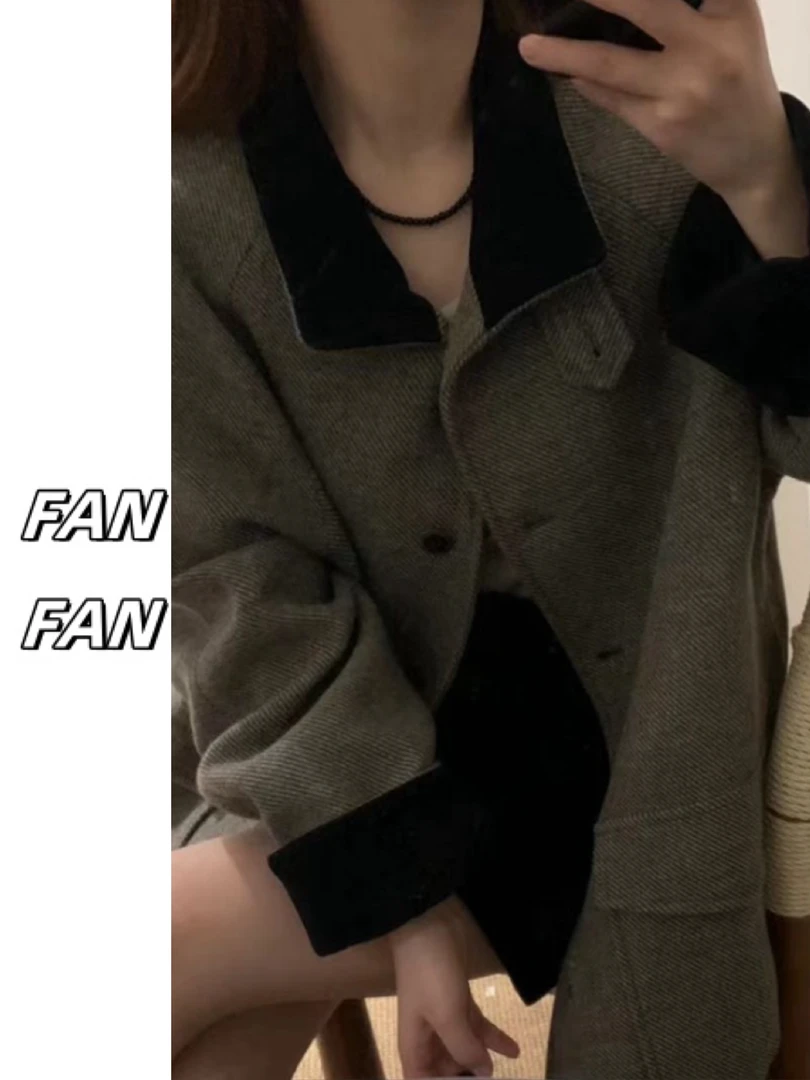 FANFAN 斜纹立领羊毛中长款大衣外套