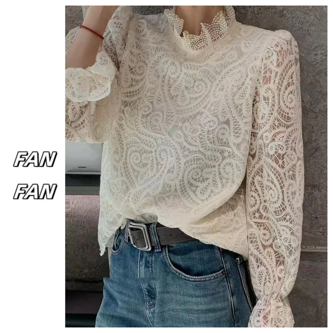 FANFAN 水溶花蕾丝衫 小众立领喇叭袖打底衫衬衫