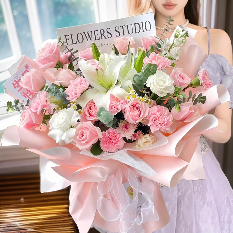 【锦绣华年】19朵粉玫瑰康乃馨百合混搭花束送爱人闺蜜朋友长辈客户生日仪式感礼物鲜花鲜花小时达全国花店配送