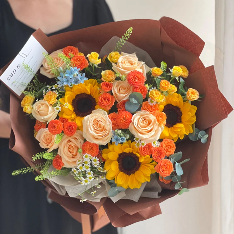 【灿若花海】3朵向日葵5朵香槟玫瑰花鲜花束送老师送朋友送家人生日鲜花束小时达