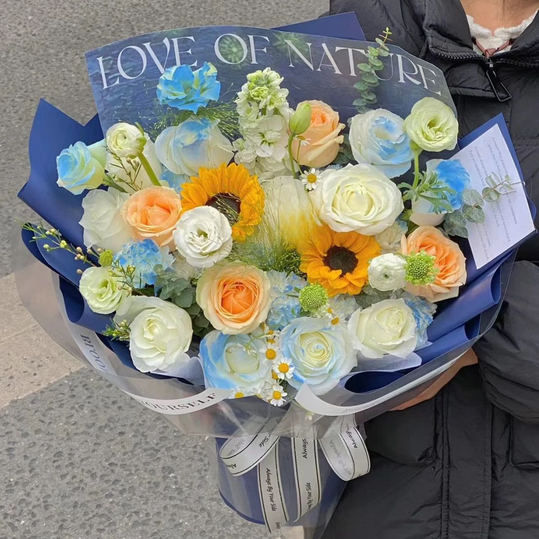 【山海有相逢】2朵向日葵碎冰蓝玫瑰香槟玫瑰混搭鲜花束送家人送老师送同学男老师毕业鲜花礼物鲜花小时达