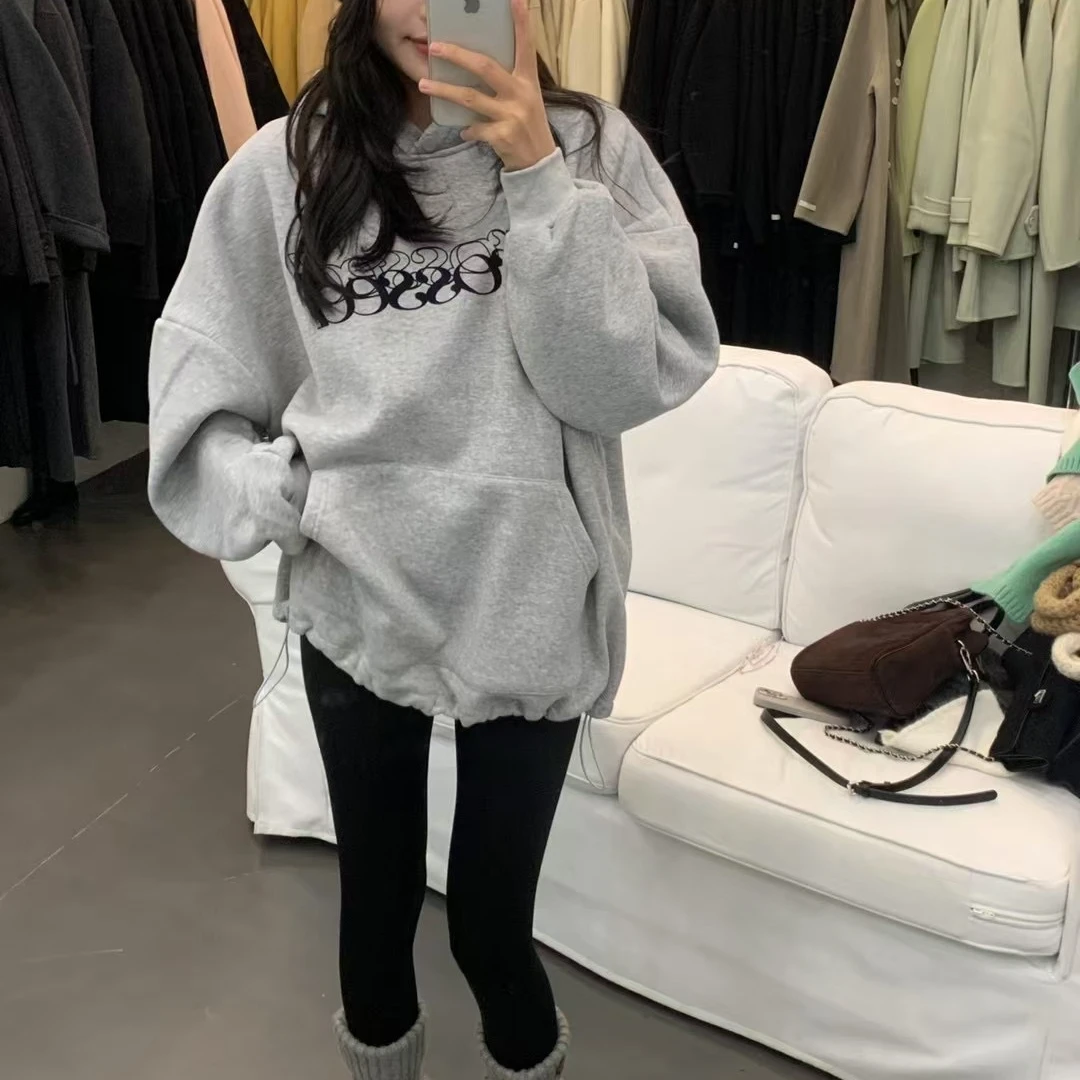 灰色慵懒风连帽加绒卫衣加厚秋冬新款爆款休闲宽松设计感长袖上衣