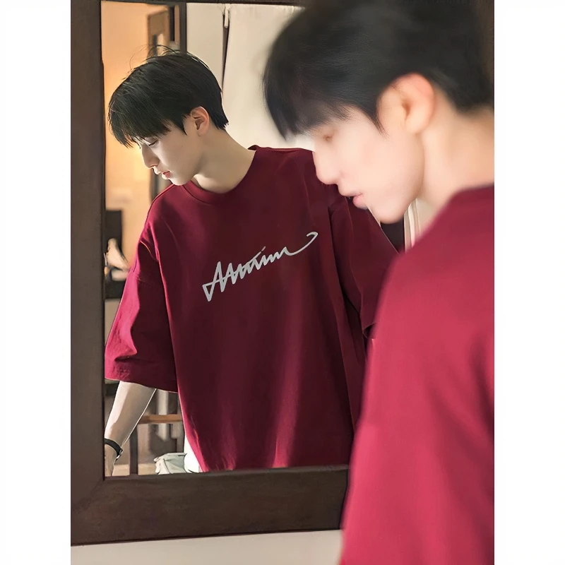 【重磅纯棉】t恤男款夏季潮牌复古日系短袖oversize宽松五分袖