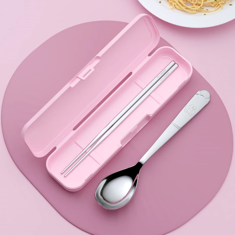 可爱316不锈钢勺子套装小学生餐具盒上班族便携勺筷盒萌趣勺外带