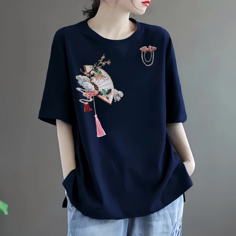 100％纯棉短袖T恤女夏民族风大码宽松显瘦时尚洋气百搭律动莫兰迪