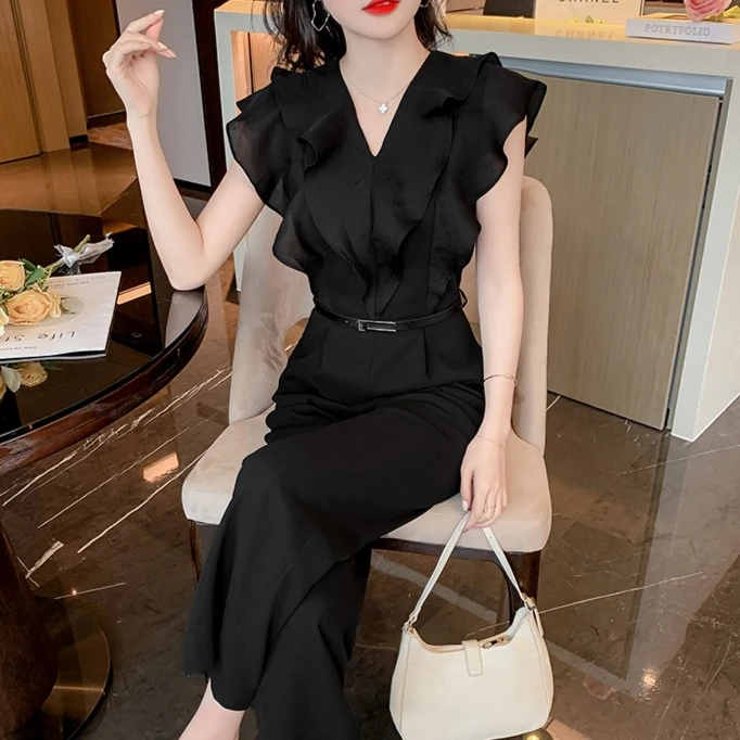 时尚女神范连体裤女夏季V领荷叶边轻熟名媛气质黑色长裤子配腰带