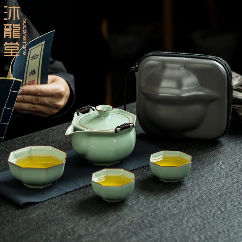 汝窑旅行茶具套装便携户外包快客杯一壶三杯开片汝瓷家用手抓壶杯