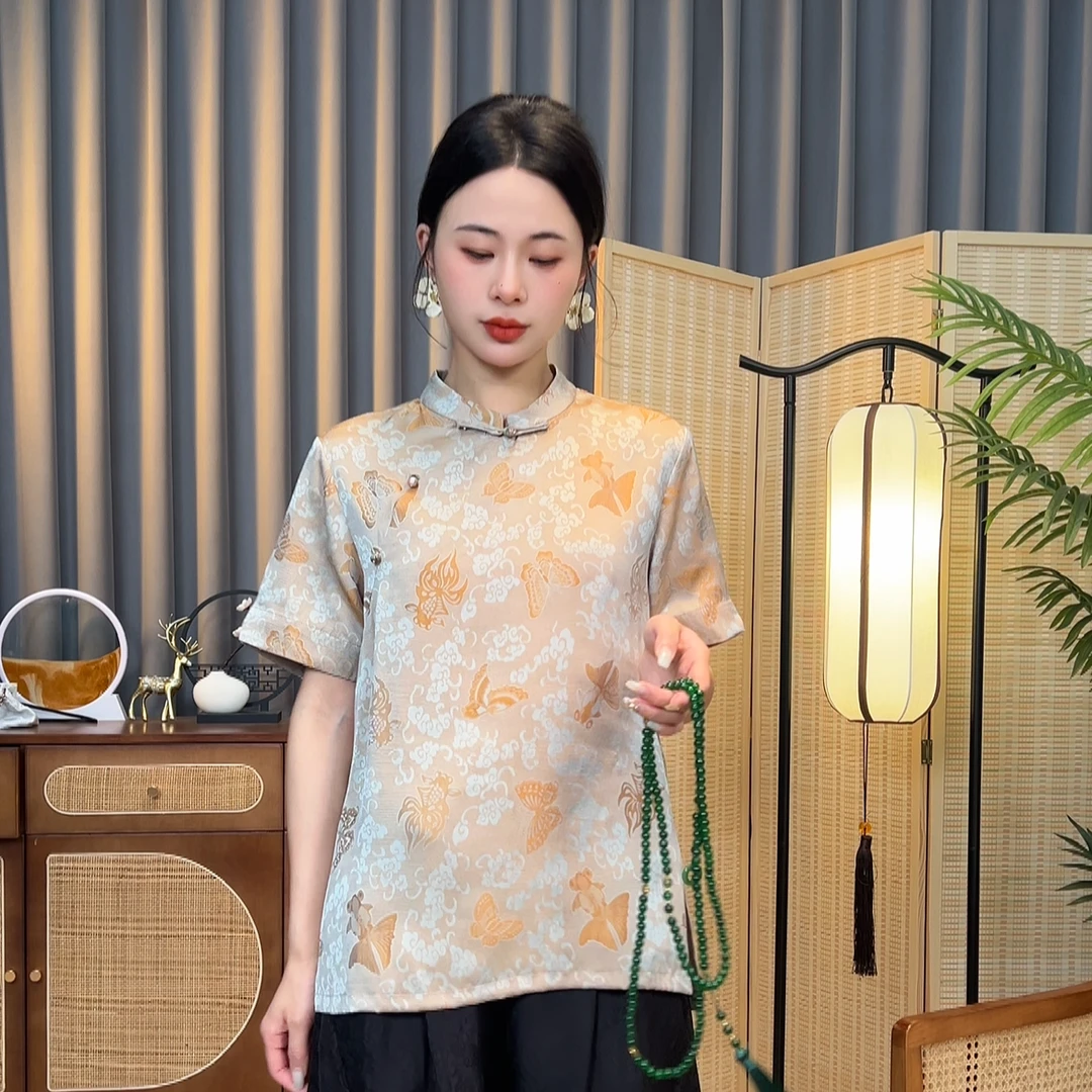 【锦鲤】2024夏季新款立领盘扣新中式休闲衬衫国风气质古风上衣女