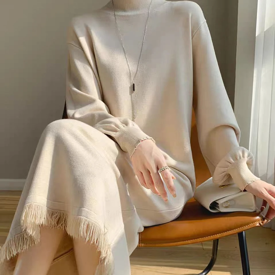 重磅加厚长袖针织毛衣裙女流苏半高领直筒宽松休闲保暖连衣裙新款