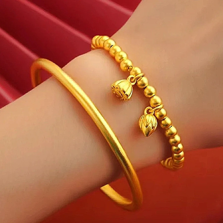 铜合金手镯 越南单圈古法传承手镯女叠戴莲蓬两世欢手链金色