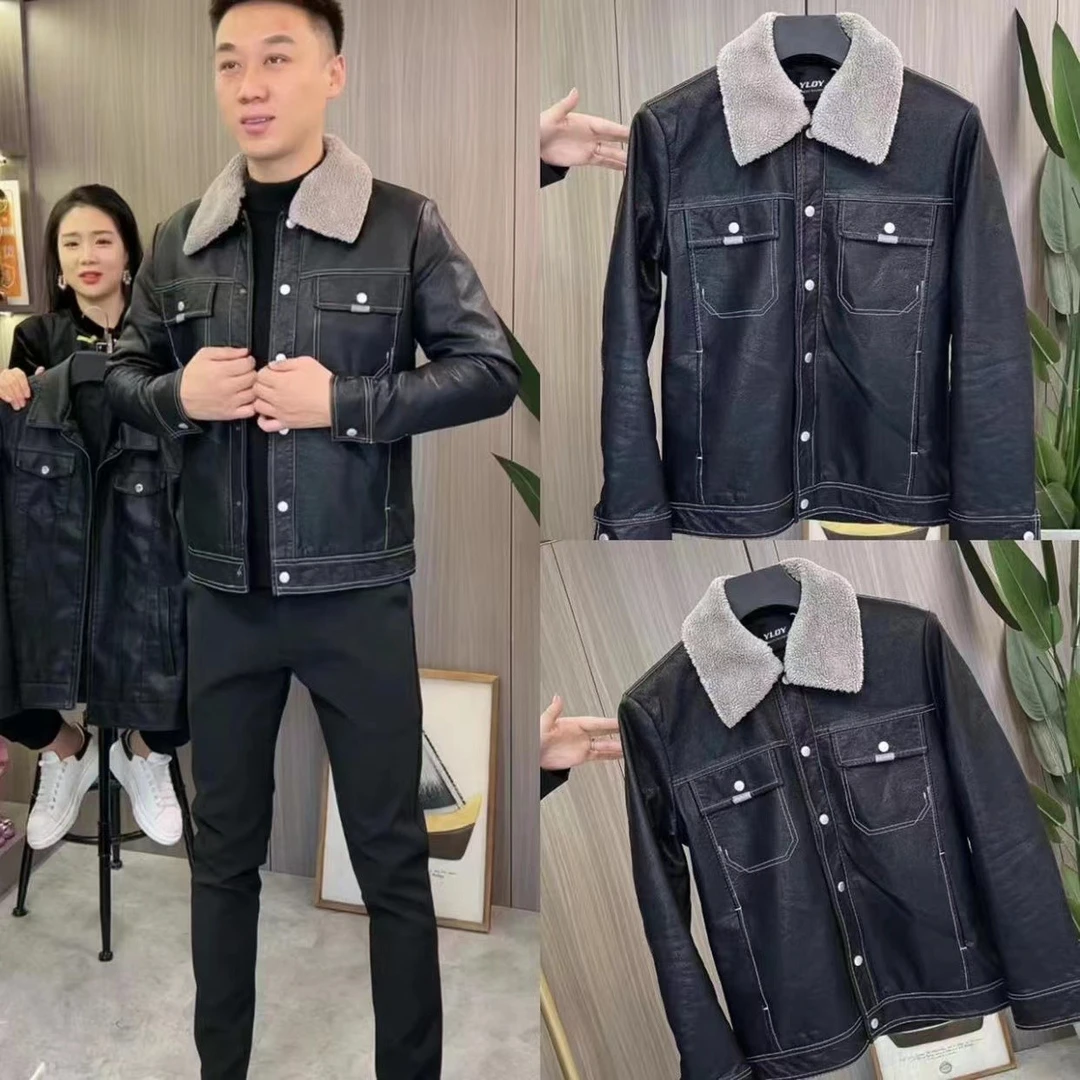 【男装】高品质翻领加绒皮衣（毛领可以拆卸）