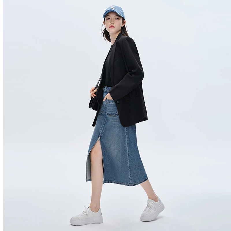simplepieces牛仔半裙女时尚显瘦拉链开衩牛仔半裙子 S23K003