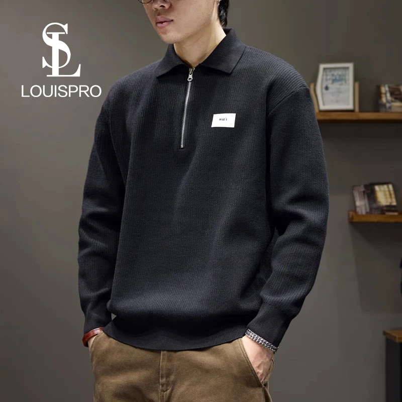 Louispro美式半拉链POLO领毛衣男士宽松休闲针织衫秋冬季打底长袖
