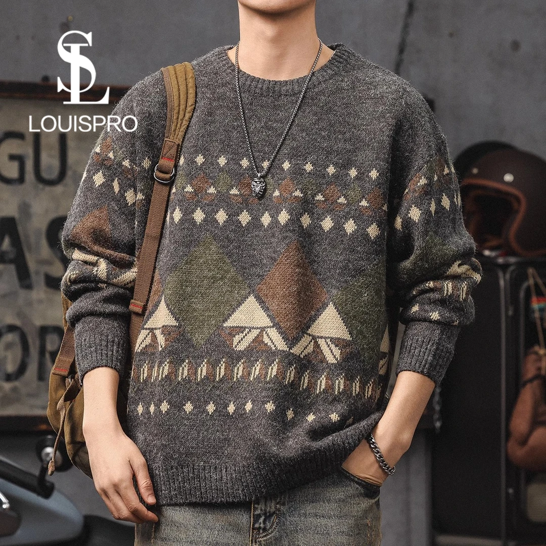 Louispro高级感针织毛衣男秋冬复古民族风加大线衣加厚保暖打底衫