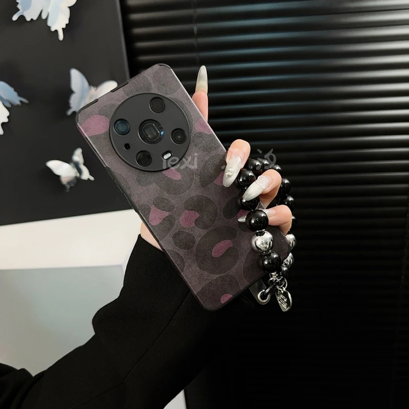 适用荣耀magic4pro手机壳新款magic4套honor皮质高级简约粉豹纹女