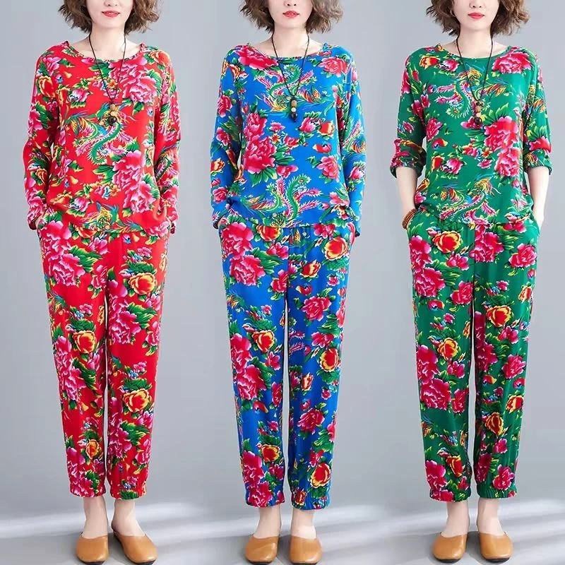 人造棉睡衣女春秋款时尚东北大花棉绸套装妈妈休闲宽松长袖两件套
