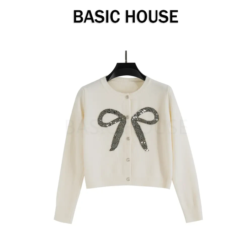 Basic House/百家好CSM秋冬轻奢时尚重工亮片蝴蝶结圆领毛衣开衫