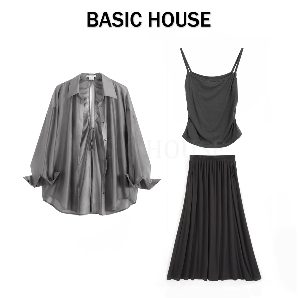 Basic House/百家好CSM24年夏季高级灰防晒衬衫吊带半身裙三件套