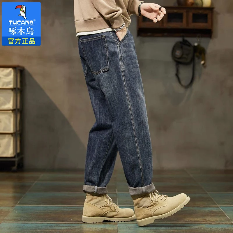 啄木鸟复古男士宽松男牛仔百搭加大潮牌大码休闲长裤百搭男装秋款