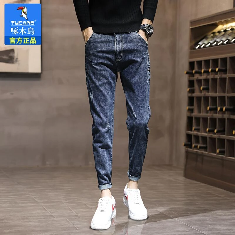 啄木鸟男士牛仔裤男装修身新款潮牌宽松直筒男生九分长裤破洞男款