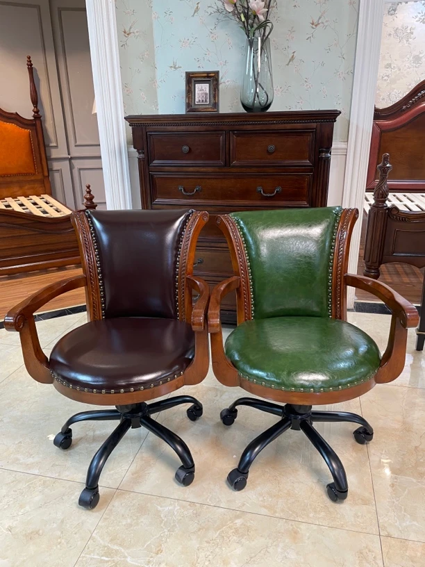 美式书桌椅家用小电脑欧式转椅吧会议实木真皮学习升降书房成人