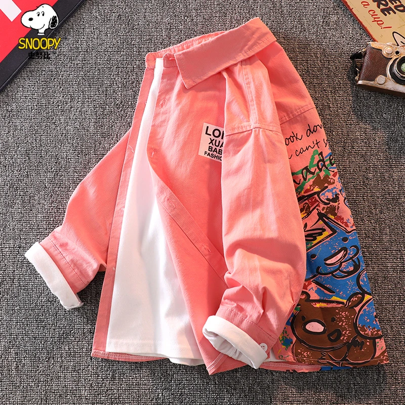 史努比男童春秋款长袖衬衫2025新款中大儿童秋装衬衣男孩韩版外套