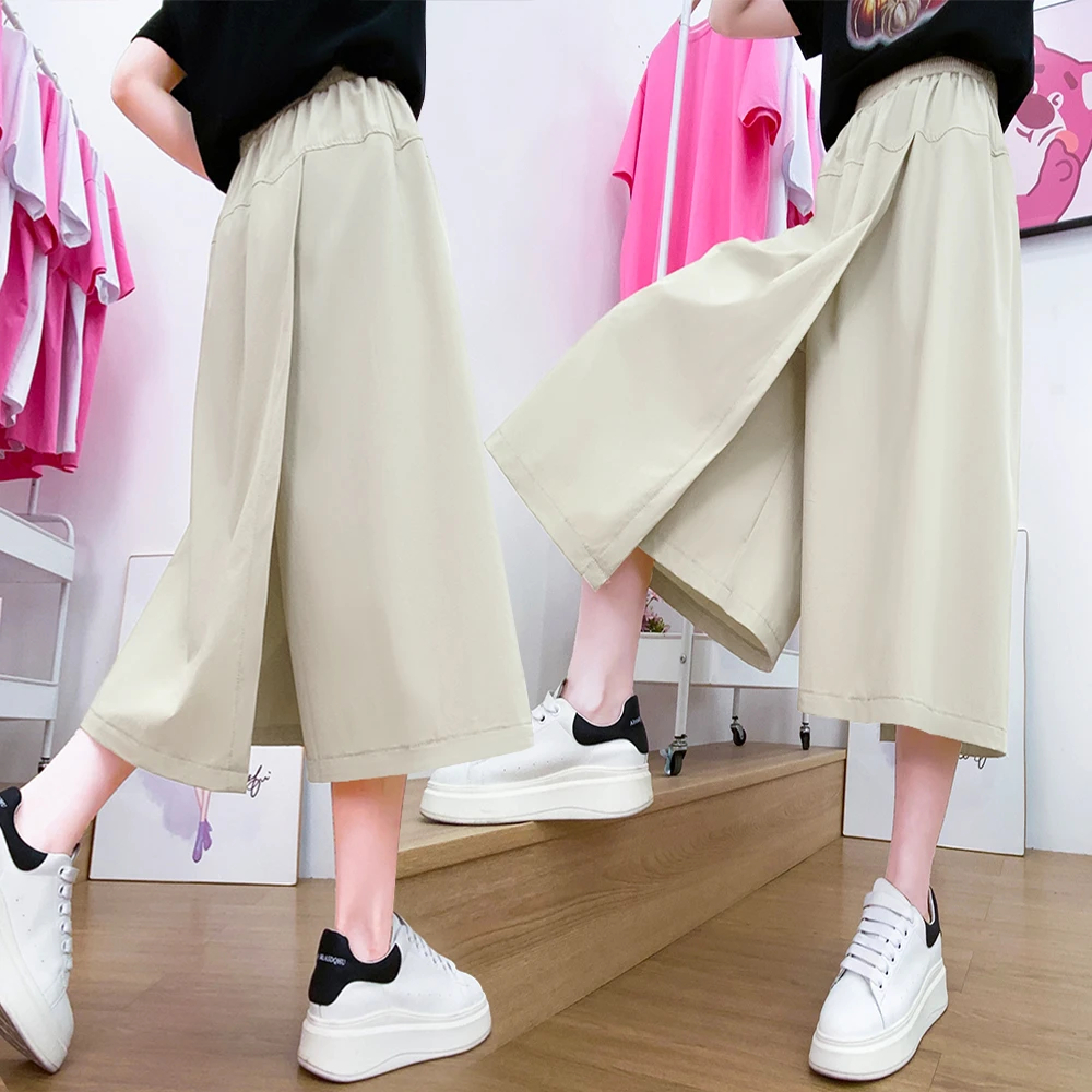 冰丝休闲裙裤女2025夏季薄款宽松垂感显瘦阔腿裤不规则八分中裤