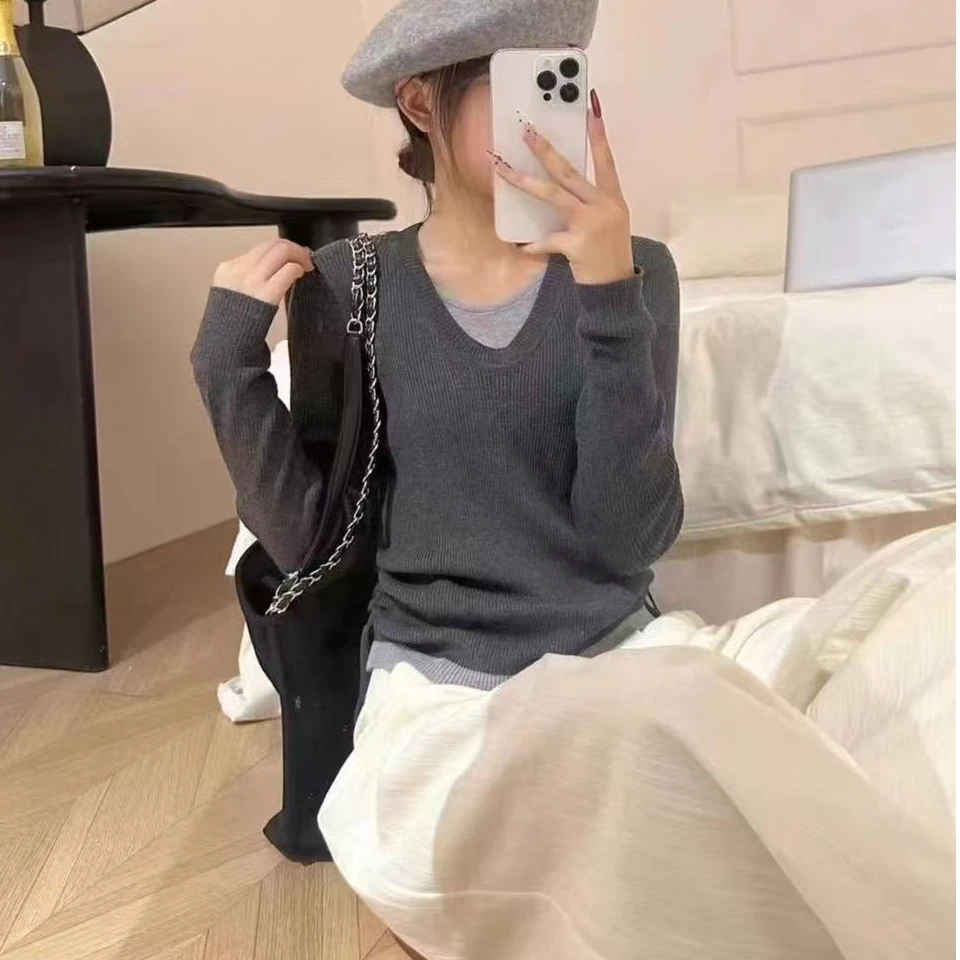 假两件春秋时尚抗起球毛衫修身长袖针织衫TK016
