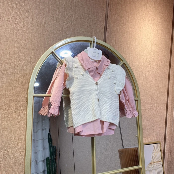 EE620   宝宝粉色花边上衣白马甲两件套