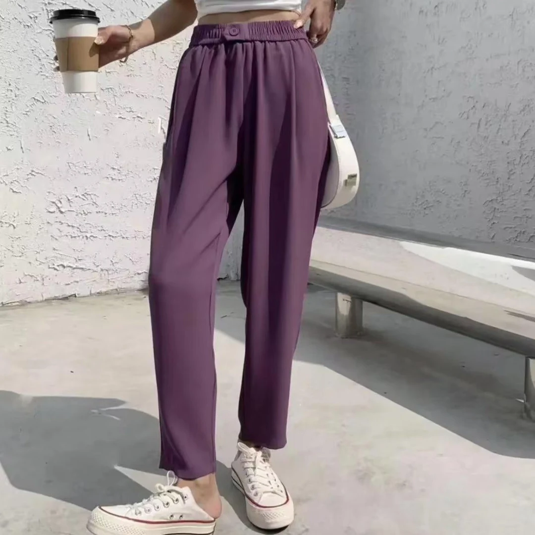 大码女装夏装薄款一粒扣休闲西装九分裤宽松显瘦通勤松紧腰哈伦裤